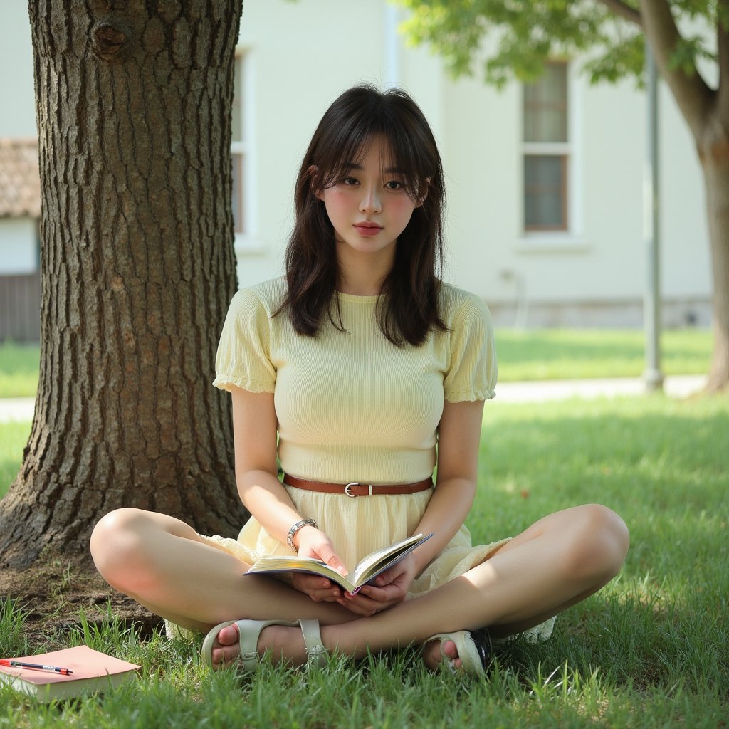 Highly realistic 1960s outdoor yearbook shot of a girl sitting cross-legged on the grass under a large oak tree, captured from a low angle with a 35mm lens. She wears a pastel yellow cotton dress with short puff sleeves, fine vertical ribbing visible in the fabric, and a fitted waistline. A thin brown leather belt cinches the dress, slightly worn at the holes. Her brunette hair is styled in loose waves, a white ribbon tied at the nape. She’s holding a paperback book in both hands, looking down at the page with a faint smile. Skin shows warm golden highlights along the cheek and nose, eyelashes casting delicate shadows. The background is a soft blur of dappled sunlight through leaves, with the texture of grass blades in the immediate foreground rendered in fine detail.
