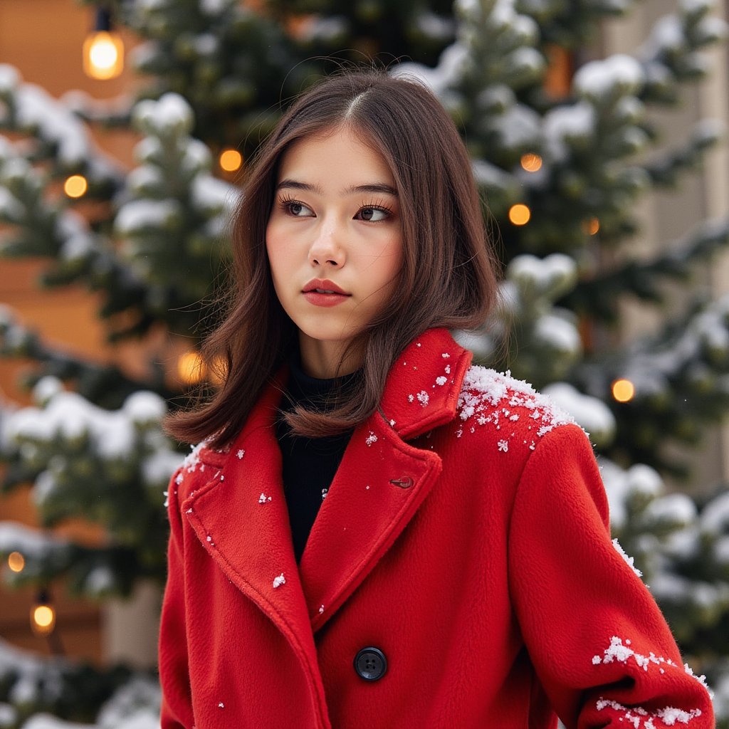Waist-up outdoor portrait of a woman wearing a vivid red wool coat with a structured collar and black buttons; coat texture visible in crisp detail. She stands slightly turned away from the lens, looking gently back with a soft expression, still pose.
Hair: loose, soft curls with snowflakes resting naturally on the strands.
Makeup: natural glam—soft brown eyeliner, rosy cheeks, satin neutral lips.
Lighting: bright overcast snow-reflected light creating soft, even illumination; subtle highlights on coat fibers.
Background: blurred snowy evergreens with tiny golden fairy lights; minimal clutter.
Camera: 85mm f/2, eye-level; highly detailed, highly realistic, HDR, snowflakes, coat fibers, and eye reflections rendered sharply.