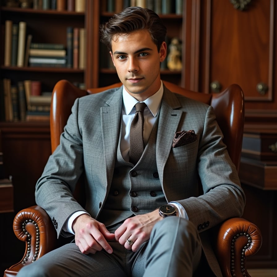 man styled for a classic and elegant look. He is seated in a leather armchair with a subtle backdrop of wood-paneled walls or a grand bookcase. He is wearing a tailored suit, with lighting that enhances his poised and polished demeanor