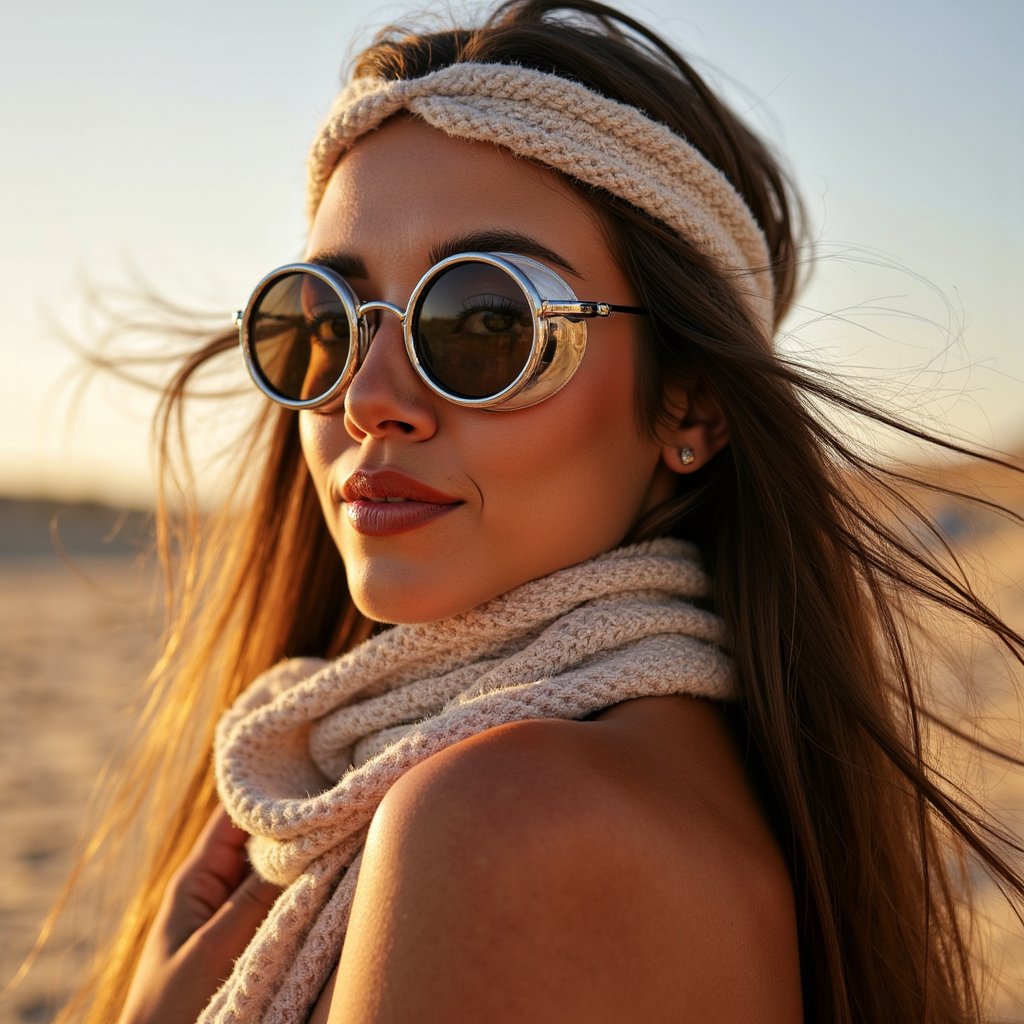 Portrait of a desert festival-goer at Burning Man 2025, reflective goggles, dust-covered scarf, windblown hair, golden hour desert lighting