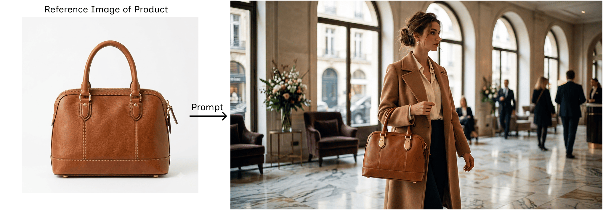 A side-by-side image showing the reference handbag (left) and the generated campaign image (right)