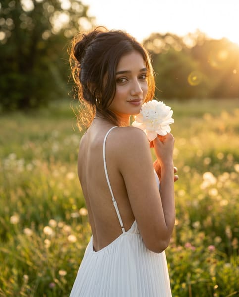 Ultra realistic golden hour meadow portrait of [REFERENCE PERSON], preserve the exact facial identity, bone structure, skin texture, hairstyle, eye details, lips, facial proportions, and overall likeness from the reference image with extremely high identity fidelity.

Scene composition should remain nearly identical to the original image: a beautiful woman standing in a sunlit grassy meadow during warm golden hour sunset, soft cinematic sunlight coming from behind, dreamy lens flare, glowing rim light around the hair, shallow depth of field, creamy green blurred forest background, natural outdoor atmosphere.

Pose and framing: medium-full portrait shot, body turned slightly away from camera while looking back over the shoulder directly toward camera, elegant relaxed expression, holding a large white flower gently near the face.

Hair: long deep auburn/red hair with soft waves, glossy realistic strands illuminated by sunset light.

Outfit: flowing white pleated backless dress with thin straps and open-back design, soft elegant fabric movement, realistic folds and texture.

Photography style: ultra photorealistic DSLR portrait, 85mm lens, f/1.8 aperture, cinematic bokeh, editorial fashion photography, natural skin details, realistic anatomy, HDR lighting, warm cinematic grading, luxury lifestyle aesthetic.

Important: replace ONLY the woman’s identity with the exact reference person while preserving the same background style, lighting, pose, framing, dress aesthetic, mood, and overall composition from the original image.

Negative prompt: low quality, cartoon, CGI look, distorted face, inaccurate identity, extra fingers, bad hands, asymmetrical eyes, unrealistic skin, blurry details, deformed anatomy, duplicate features, overprocessed skin, artificial lighting, unnatural expression, watermark, text, artifacts.

Priority settings:

Identity accuracy: maximum
Background consistency: maximum
Photorealism: maximum
Natural lighting realism: maximum