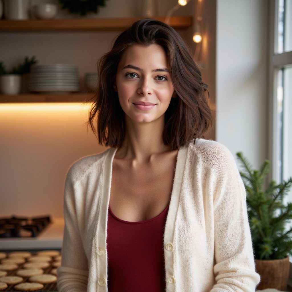 Head-and-shoulders portrait of a woman in a softly lit kitchen while Christmas cookies bake in the blurry background (no motion). She wears a cream knit cardigan over a red thermal top, cardigan showing soft wool fuzz and delicate ribbing.
Hair: half-up style with loose curls cascading down.
Makeup: soft golden shimmer on eyelids, warm blush, glossy nude lips.
Lighting: warm oven-light glow from behind adds a subtle halo while a soft diffused key from camera-left lights her face.
Background: blurred gingerbread cooling tray, pine sprigs, subtle fairy lights — minimal clutter, organized composition.
Camera: 50mm f/1.8; highly realistic, highly detailed, HDR, highlighting cardigan texture, hair shine, and warm kitchen tones.
