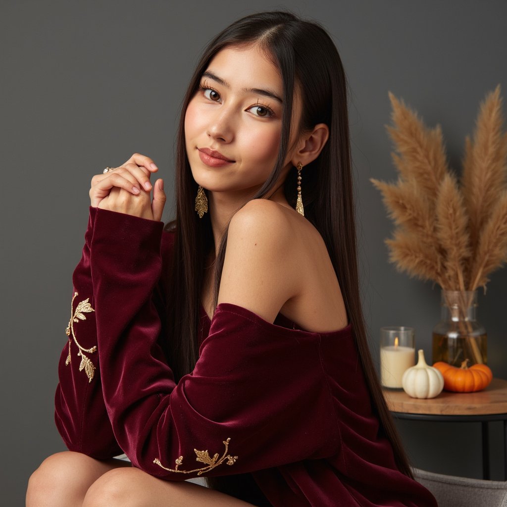 Highly detailed and highly realistic HDR image of a young Latina woman (female, ~30 yrs) captured waist-up in a studio environment. Camera angle slightly low (looking up ~5°) to emphasise confident pose. She wears a deep burgundy velvet dress with off-shoulder neckline and subtle gold embroidery on the cuffs, and long dangling gold leaf earrings. Her hair is jet-black, straight and sleek, parted in the middle, falling just past her shoulders. Studio lighting: three-point lighting setup — key light softbox front left, fill light soft and dim front right, hair light from above to create separation; background is solid charcoal-grey, minimal clutter, slightly faded vignette. Her pose: right hand gently resting on left upper arm, left arm relaxed; facial expression is warm with soft smile, dimples visible. Skin tones are rich and even, texture visible (pores, slight sheen on high cheekbones). The velvet dress fabric shows pile texture catching light, subtle folds across torso. The background is out-of-focus solid colour, no visible props. The image gives elegant celebration-ready Thanksgiving style.