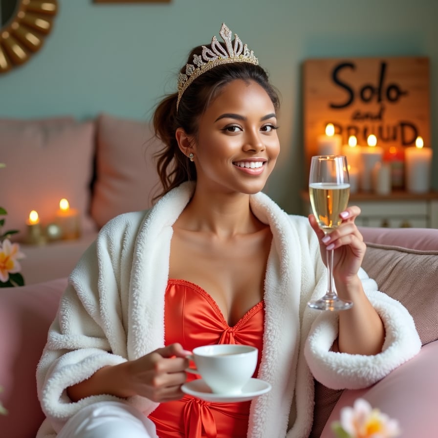 Capture a relaxed moment in a robe with a face mask on, holding a cup of tea or champagne.