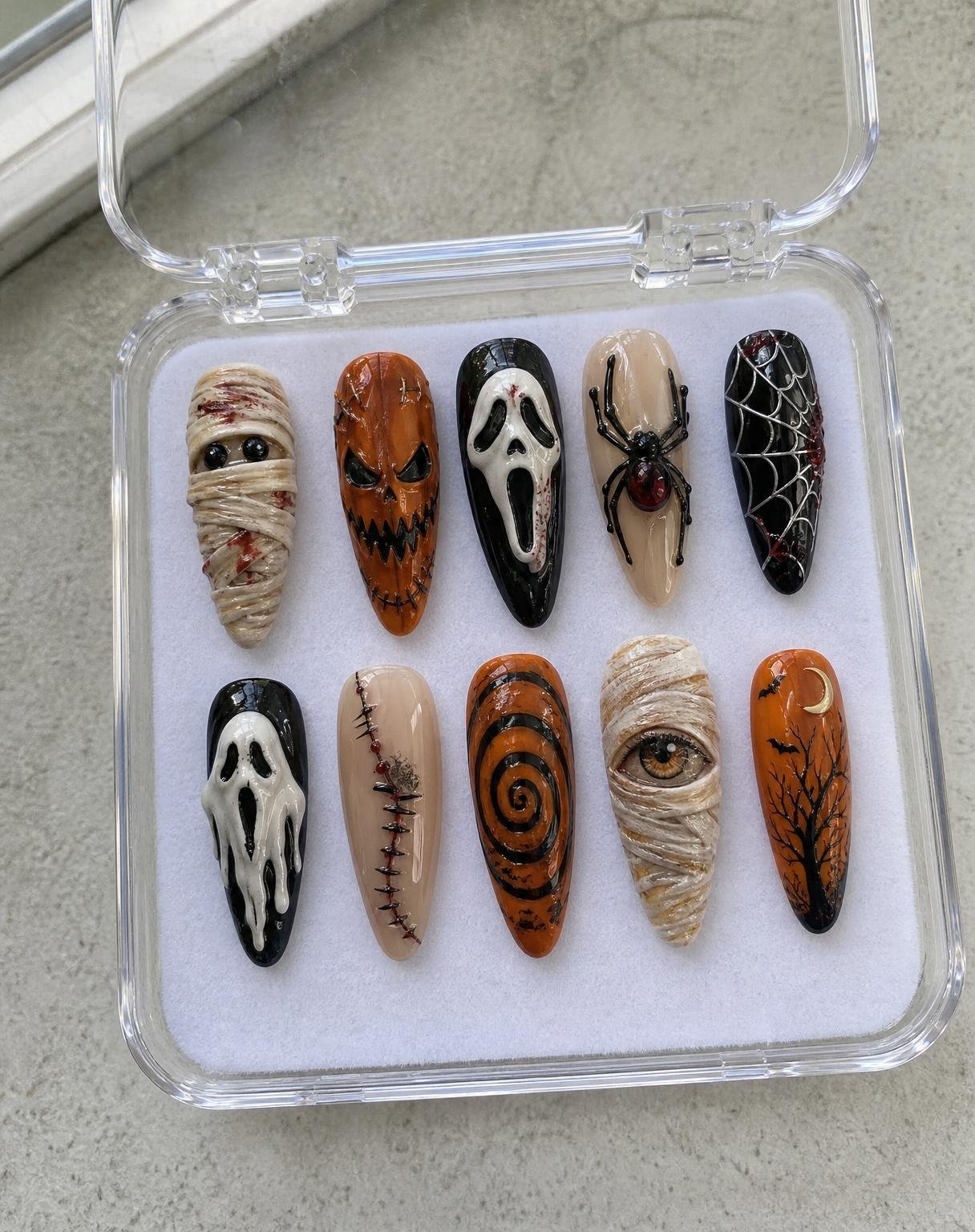 Create an exceptionally realistic, visually striking photograph of a handmade Halloween press-on nail collection, inspired by premium independent nail artists selling intricate custom nail sets on Etsy.
REFERENCE STYLE:
The desired result is a real physical set of ten individually decorated Halloween press-on nails arranged inside an open transparent acrylic nail storage case with a soft white foam insert.
The nails must look like actual handcrafted, wearable press-on nails photographed for a Pinterest listing, NOT digital illustrations or CGI.
NAIL DESIGN — EXACTLY 10 UNIQUE NAILS:
Create ten long, elegant, tapered almond-shaped press-on nails with intricate, dimensional Halloween artwork.
TOP ROW — FIVE NAILS:
1. MUMMY: A nude-beige nail wrapped in raised, realistic ivory mummy bandages, with two tiny black eyes peeking through and subtle dark-red blood stains.
2. JACK-O’-LANTERN: A vivid burnt-orange nail featuring a sinister carved pumpkin face, black facial details, miniature stitches and realistic hand-painted texture.
3. SCREAM GHOST: A glossy jet-black nail featuring a dimensional white screaming ghost face with deep black eyes, an elongated mouth and tiny blood-red accents.
4. SPIDER: A sheer nude nail with a carefully sculpted glossy black spider, thin raised legs and a tiny deep-red jewel-like abdomen.
5. SPIDERWEB: A glossy black nail decorated with delicate raised silver-white spiderweb strands and subtle burgundy detailing.
BOTTOM ROW — FIVE NAILS:
6. MELTING GHOST: A glossy black nail with a dimensional white melting ghost, slightly raised from the surface.
7. STITCHED SKIN: A translucent blush-nude nail featuring a realistic stitched scar with fine black thread and small dark-red details.
8. HYPNOTIC SWIRL: A burnt-orange nail featuring a perfectly executed glossy black spiral with subtle distressed detailing.
9. HAUNTED EYE: A mummy-inspired nail with overlapping ivory bandages revealing one highly detailed amber-brown eye.
10. HAUNTED NIGHT: A rich pumpkin-orange nail with a miniature black haunted tree, tiny flying bats and a pale crescent moon.
CRAFTSMANSHIP:
Every nail must have beautiful professional salon-quality finishing.
Combine glossy gel polish, fine hand-painted artwork, realistic 3D sculpted gel details and delicate raised textures.
The raised decorations must be physically believable, with realistic thickness, shadows and attachment to the nail surface.
Each nail must look individually handmade, with subtle differences in detailing rather than identical digital patterns.
PRODUCT PRESENTATION:
Place all ten nails inside one open, transparent, rectangular acrylic press-on nail storage box.
Arrange them in two neat rows of five, with a little natural spacing.
The nails rest on a realistic soft white foam insert.
The clear box should have believable transparent edges, visible hinges, slight reflections and realistic plastic thickness.
The entire box must be visible in the photograph.
BACKGROUND AND PHOTOGRAPHY:
Place the nail box on a simple light-grey textured tabletop near a window.
Photograph it casually from a slightly elevated angle using a modern smartphone, similar to an authentic Etsy seller’s product photograph.
Use clean natural daylight, subtle realistic shadows, crisp artwork, authentic reflections and neutral color balance.
The photograph should feel like someone physically created this nail set, placed it inside a real storage case and photographed it at home.
No elaborate styling, no decorative pumpkins outside the case, no artificial backgrounds and no cinematic lighting.
STRICTLY AVOID:
AI-generated appearance, CGI, 3D rendering, plastic-looking nail artwork, cartoon graphics, flat printed stickers, blurry details, repeated nail designs, distorted shapes, floating decorations, extra nails, missing nails, excessive saturation, fake reflections and overly polished advertising photography.
FINAL PRIORITY:
The finished image must look like a real, exceptionally detailed, handmade Halloween press-on nail set that someone would genuinely want to purchase, save on Pinterest or screenshot for nail inspiration.
Exactly ten individually designed nails in one transparent storage box.
Single photograph. Vertical 4:5. No collage. No text. No watermark.