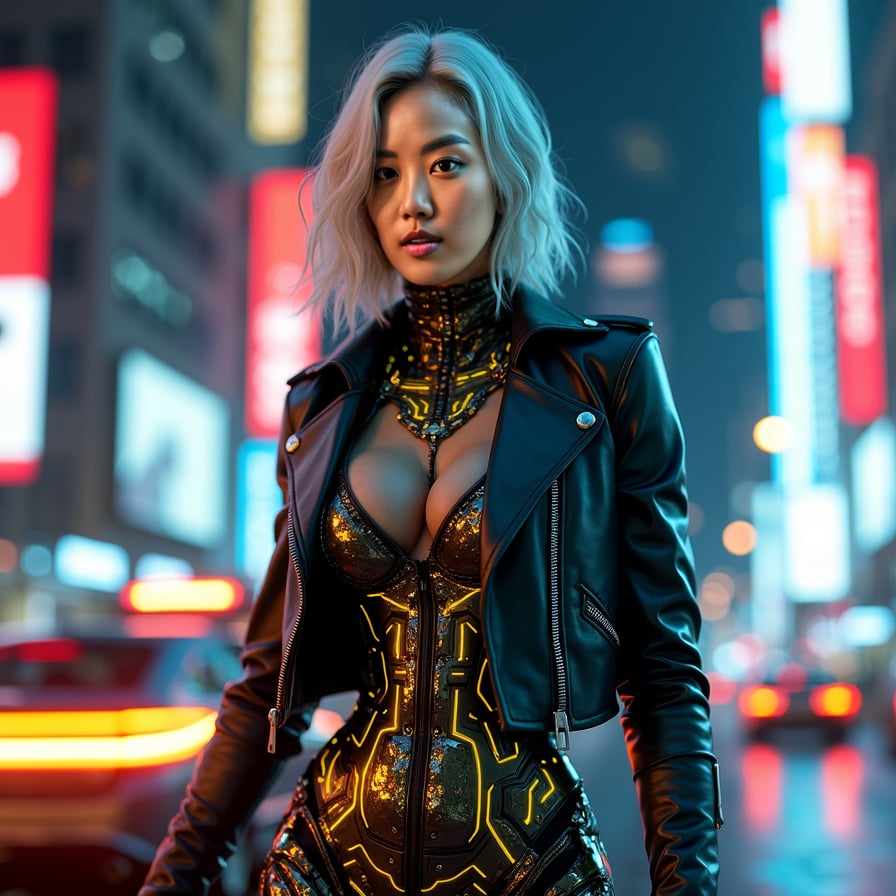 woman in futuristic cyborg costume with metallic limbs, glowing yellow circuits, and sleek black leather jacket, posing confidently in urban cityscape at night, neon lights reflecting off metallic body, surrounded by towering skyscrapers and flying cars, with blurred motion trails and vibrant city lights in the background.