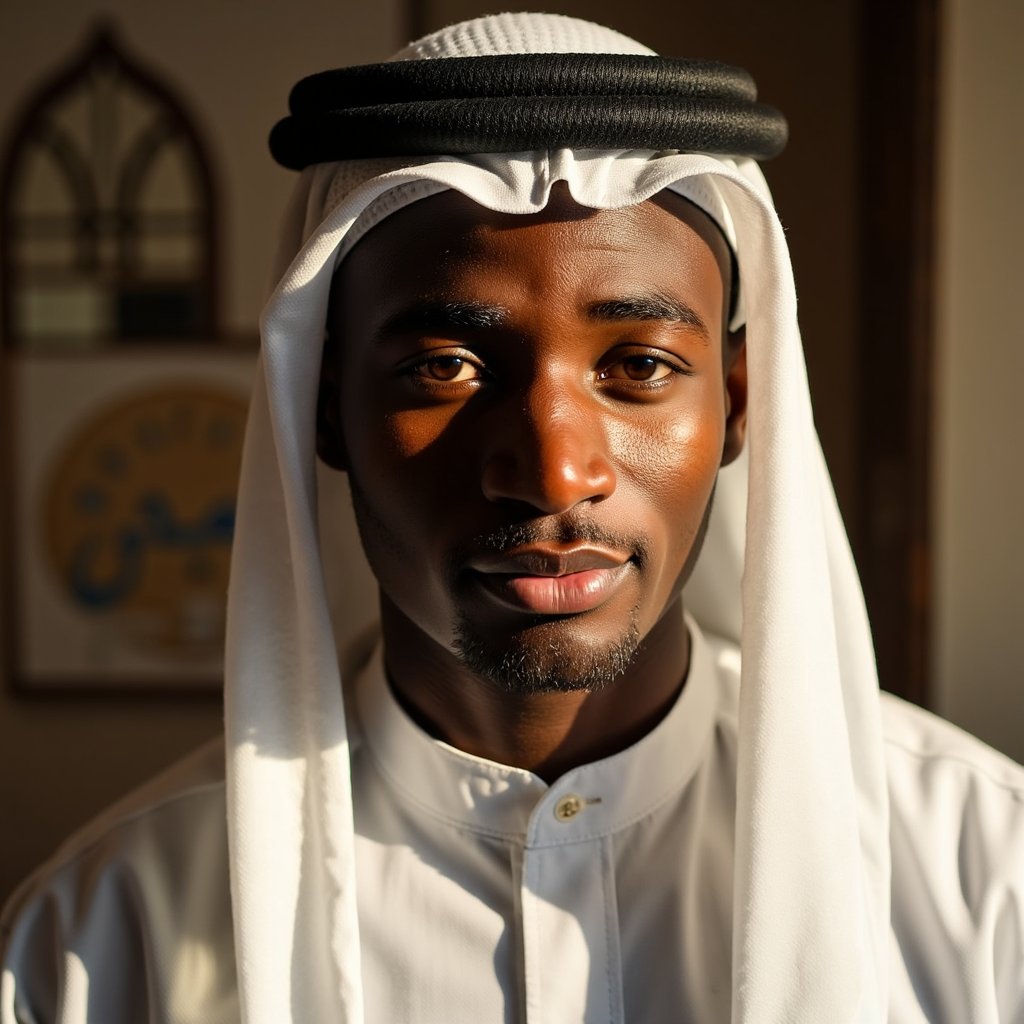 Headshot of a young man lit by moonlight-like glow, wearing a simple white jubba, eyes calm and thoughtful — honoring the spirit of the Prophet’s birthday