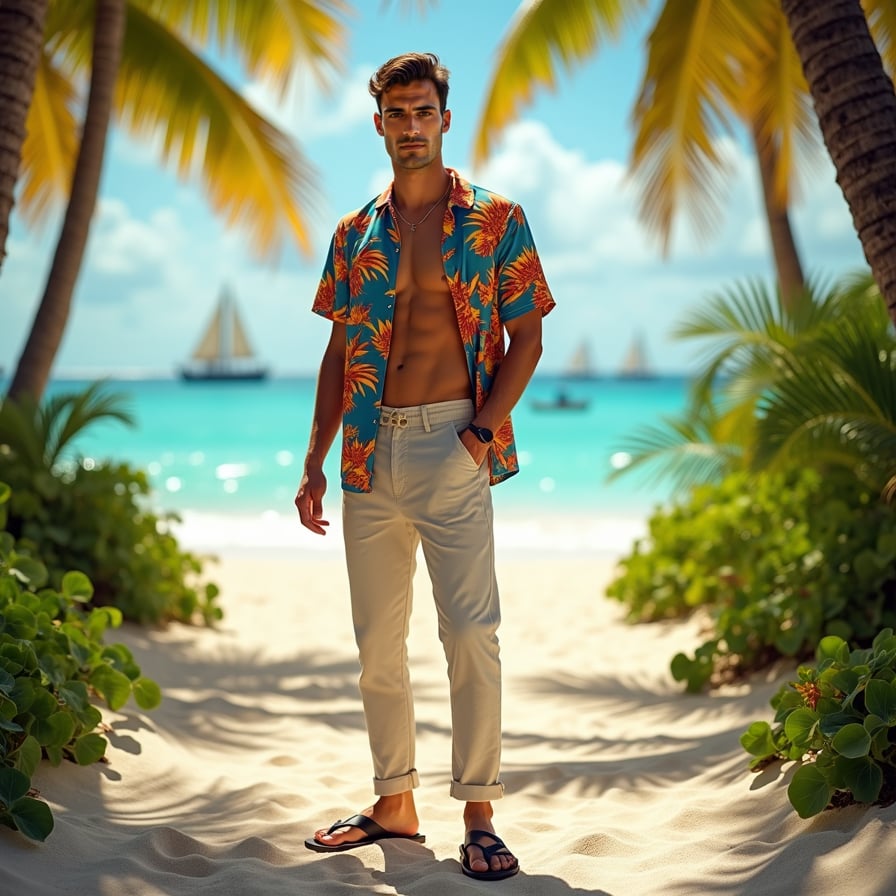 man in vibrant Hawaiian shirt, linen pants, and sandals, standing with a relaxed pose on a pristine white sandy beach, surrounded by swaying palm trees and calypso music-inspired background, with turquoise waters and sailboats in the distance, warm golden sunlight casting a soft glow on the scene.