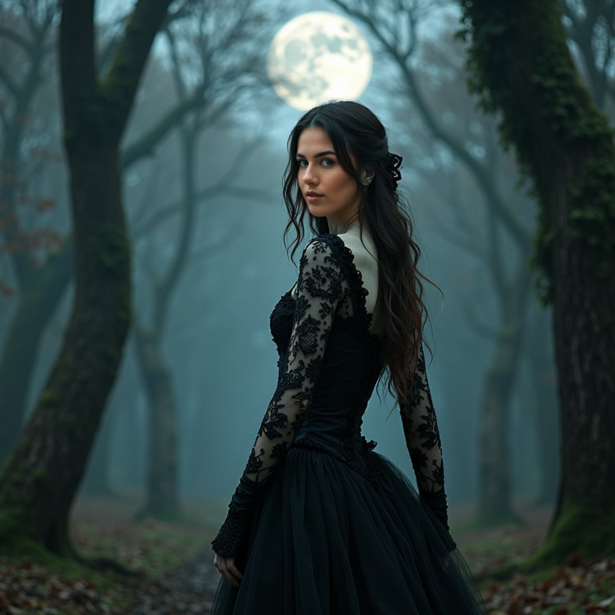 woman with porcelain skin and dark eyeliner, donning a luxurious Victorian-era inspired gown with intricate lace details, posing in a dimly lit, mysterious forest setting with subtle mist, under the soft glow of a full moon