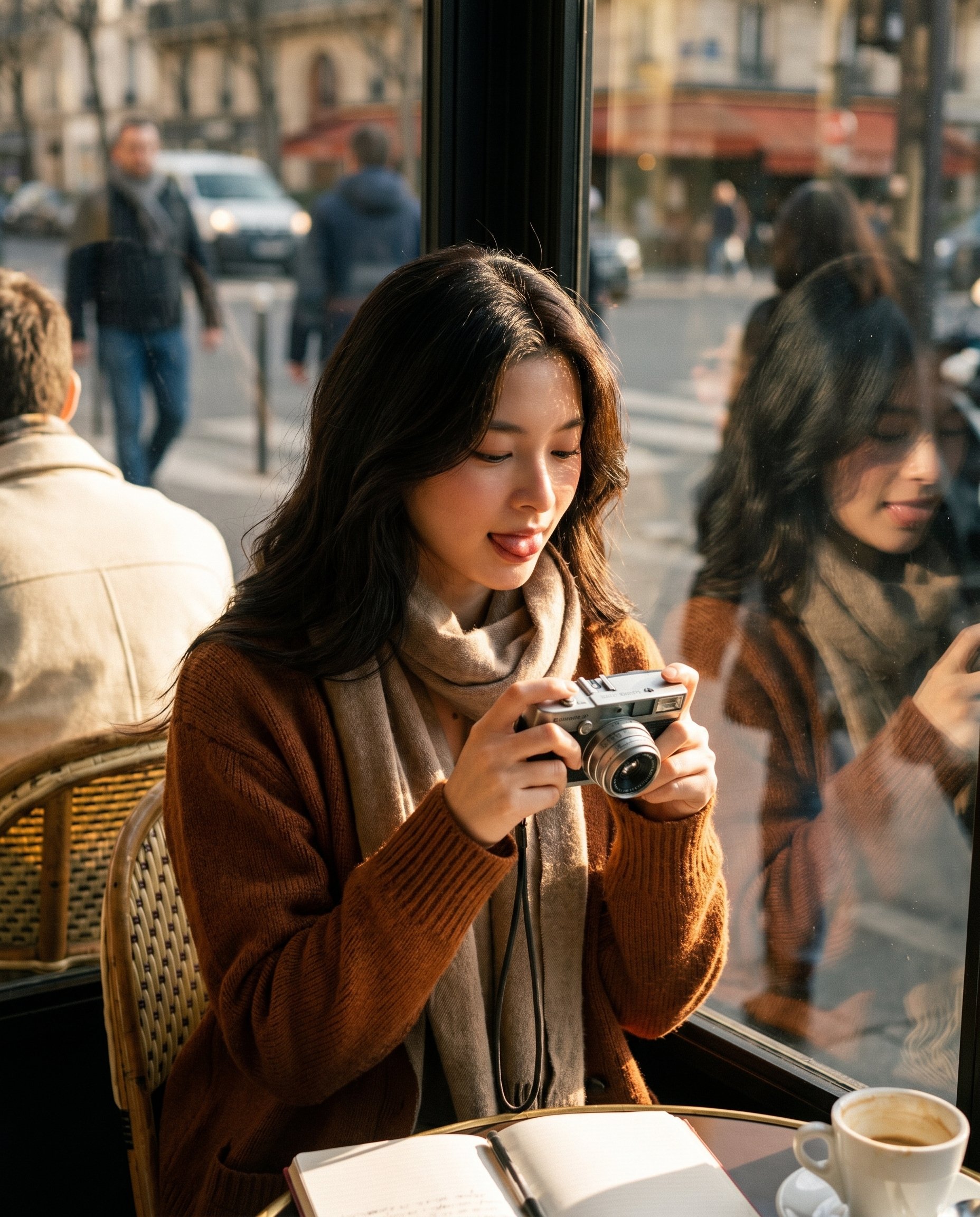 Ultra realistic cinematic European café street portrait of [REFERENCE PERSON], preserve the exact facial identity, facial structure, eye shape, hairstyle, skin texture, expression, and overall likeness from the reference image with extremely high identity fidelity and natural realism.

Scene composition must remain nearly identical to the original image: subject sitting alone at an outdoor Parisian-style café beside a large glass window during warm golden hour afternoon light, cozy cinematic European street atmosphere, layered visual depth with foreground reflections, midground subject focus, and softly blurred pedestrian street activity in the background.

Camera framing and perspective:

Vertical editorial composition
Shot through café window glass
Subject positioned slightly left-of-center
Strong environmental depth and layered composition
Natural foreground framing elements from window reflections and café structure
Medium portrait framing with cinematic storytelling aesthetic

Pose and interaction:

Subject seated at a small round café table
Looking down while holding and examining a vintage compact camera
Calm introspective candid expression
Natural relaxed posture leaning slightly toward the table

Character styling details should stay highly consistent:

Soft wavy medium-length brown hair with natural texture
Warm rust-brown knitted sweater/cardigan
Neutral earthy-toned scarf around the neck
Minimal natural makeup
Cozy autumn European fashion aesthetic

Environment details:

Authentic Parisian/European sidewalk café
Small round café tables with coffee cup and notebook/journal visible
Warm reflections on glass window panels
Blurred pedestrians walking in the background street
Stone pavement sidewalk
Café chairs with woven texture
Golden hour sunlight creating cinematic glow and depth compression
Urban lifestyle documentary photography atmosphere

Lighting style:

Warm natural golden hour sunlight
Cinematic ambient street lighting
Soft reflections on café glass
Realistic depth layering and atmospheric perspective
Gentle background bokeh and compression effect

Photography style:

Ultra photorealistic DSLR editorial photography
50mm or 85mm cinematic street-photography lens look
Shallow depth of field
Layered foreground/midground/background storytelling composition
Documentary lifestyle realism
Cinematic color grading
High-detail textures and realistic anatomy

Important: replace ONLY the café subject’s identity with the exact reference person while preserving the same café environment, layered composition, camera angle, pose, lighting mood, reflections, cozy styling, and overall cinematic storytelling aesthetic from the original image.

Negative prompt: distorted face, inaccurate identity, blurry face, extra fingers, bad hands, unrealistic anatomy, CGI appearance, cartoon style, AI artifacts, low quality, overprocessed image, deformed perspective, duplicate objects, warped reflections, text overlays, diagrams, labels, watermark.

Priority settings:

Identity accuracy: maximum
Background consistency: maximum
Layered depth composition: maximum
Cinematic realism: maximum
European café atmosphere realism: maximum
Facial similarity strength: very high