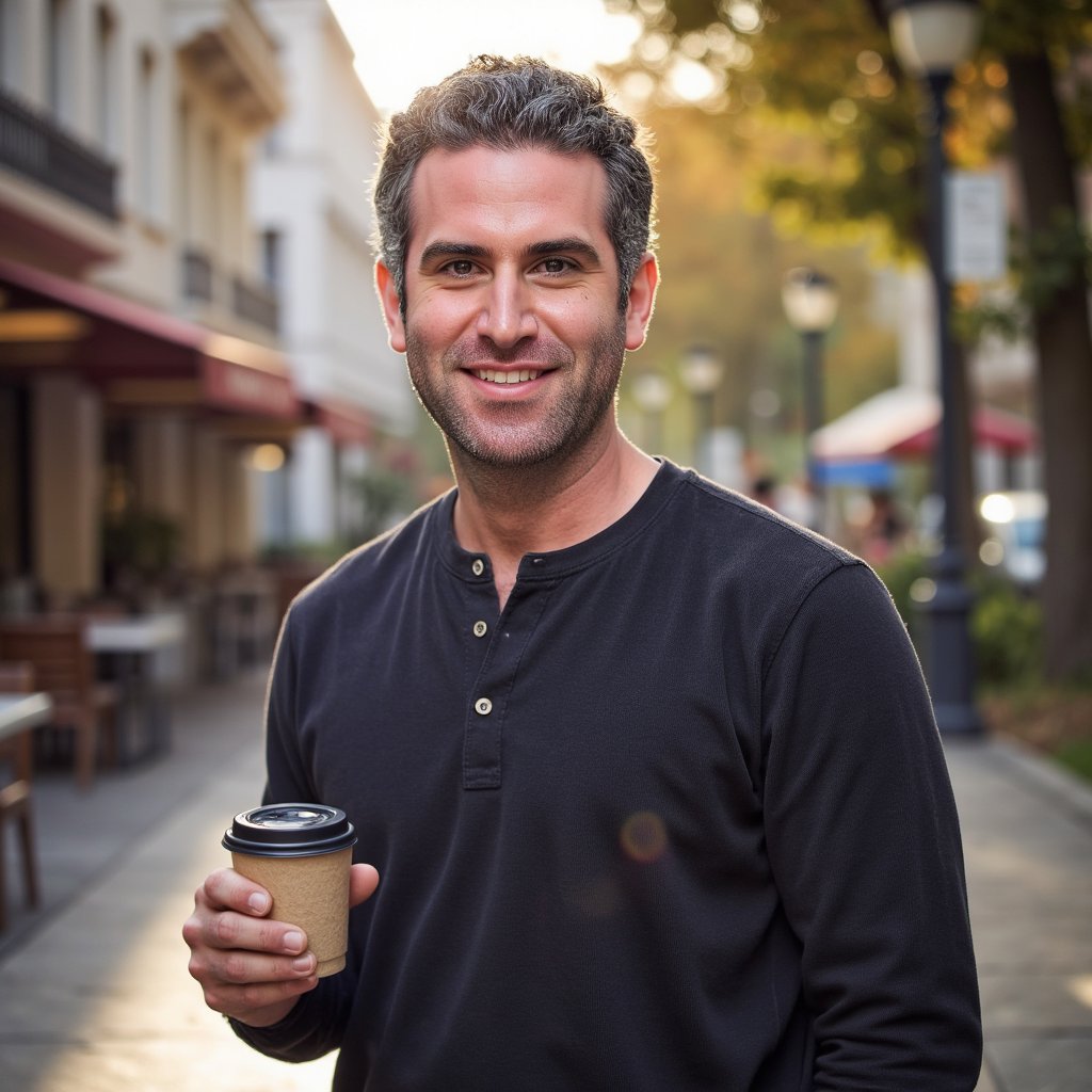 man wearing a dark henley shirt, captured in a frontal close-up portrait. Warm golden hour sunlight delicately illuminates one side of his face, highlighting hyperreal skin pores and fine beard detail. A soft smile plays on his lips, with subtle reflections visible in his eyes. The background is a gently blurred nature trail, creating a serene, natural ambiance.