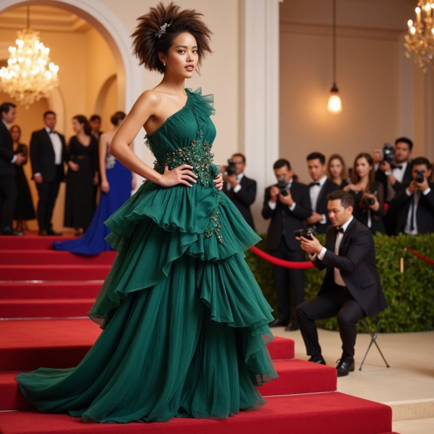 In the foreground, a female celebrity with a radiant smile is the focal point, bathed in warm spotlight illumination. She wears an emerald green sculptural gown with a striking asymmetric neckline. Behind her, a chaotic flurry of paparazzi flashes illuminates the surrounding space. In the background, the luxurious red carpet and blurred silhouettes of guests at the Met Gala provide context for the glamorous scene. 


