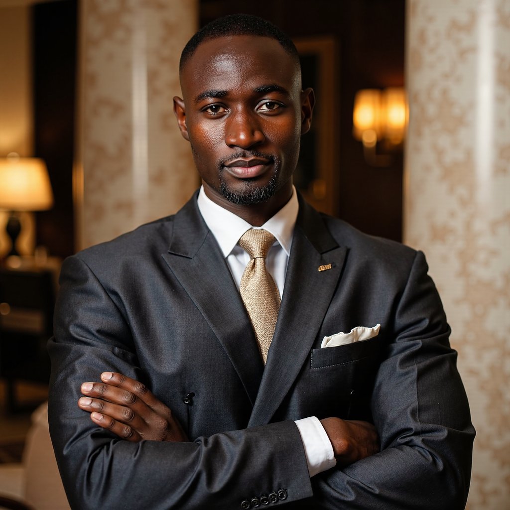 Highly detailed, highly realistic HDR portrait of a man banker in a tailored charcoal three-piece suit with satin lapel, silk tie, polished leather shoes; neatly combed hair with side part. Camera: 135mm lens, f/2.8, ISO 400, shoulder-up compression shot for dramatic bokeh. Lighting: warm tungsten practicals as back glow, soft key from camera left; shadow contours cheek and nose. Pose: arms crossed in front of chest, confident but approachable smile. Background: blurred grand marble interior with tall pillars and soft lamps, minimal clutter
