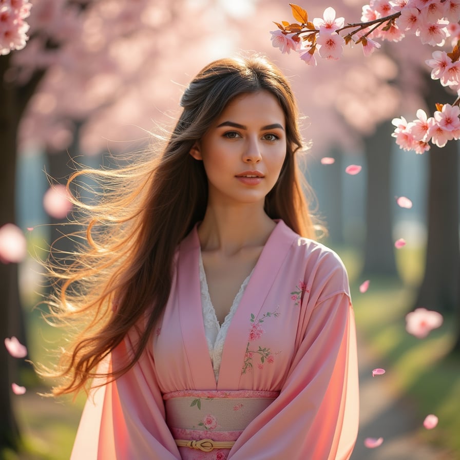A young woman in a flowing pink kimono stands beneath a canopy of cherry blossoms, her long hair swaying in the gentle breeze. Soft sunlight filters through the petals, casting a dreamy glow on her face.