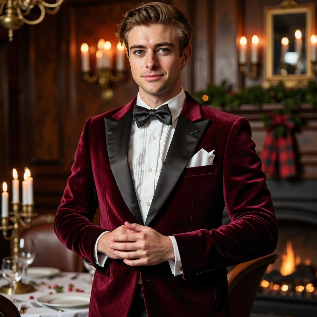 Man standing in an elegant dining room with candelabra and dark wood accents. Hairstyle: combed back with side part, clean shave. Attire: deep burgundy velvet dinner jacket, black satin bow tie, white pocket square. Fabric details: plush velvet nap, satin sheen, fine cotton weave. Camera: slightly above eye level, 85mm, f/1.8. Lighting: candlelight key + faint wall sconce fill; warm and cinematic. Background: blurred candelabra glow, dark mahogany wall paneling, subtle table settings. Pose: hands lightly folded at front, gentle half-smile. Render: highly detailed, highly realistic, HDR; fine facial hair texture, candle reflections on fabric.