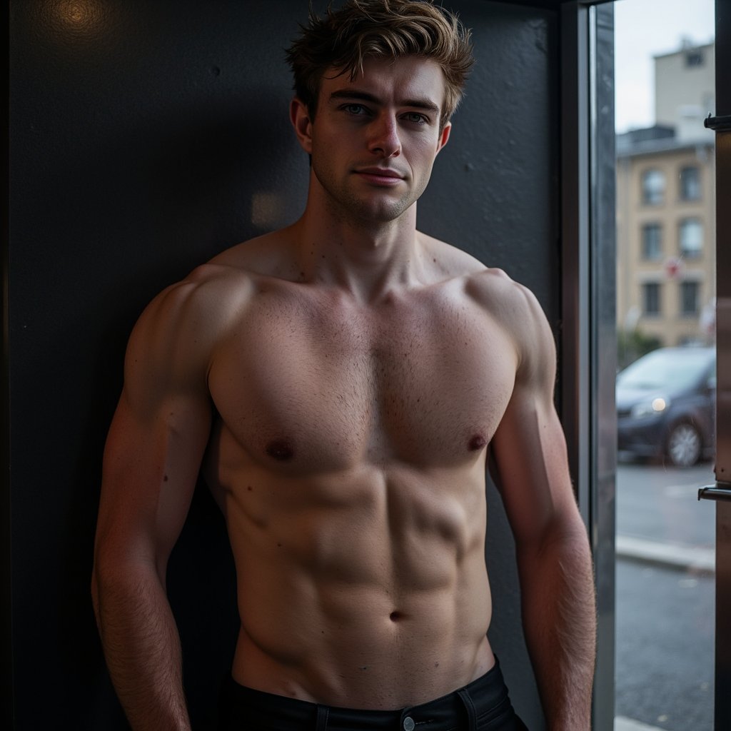 A highly detailed, highly realistic HDR waist-up portrait of a 30-year-old male creator standing shirtless against a dark backdrop, wearing only black tailored trousers that sit low on his waist, his toned upper body highlighted by a dramatic spotlight. Captured with an 85mm f/1.8 lens, his head is turned slightly toward camera with a smoldering half-smile, wet hair pushed back as if fresh from a shower. The spotlight sculpts strong shadows along his jawline, abs, and collarbones, while the background fades into deep black, creating an intimate, cinematic OnlyFans-style “Spotlight Intensity” shot.