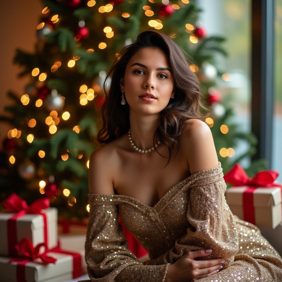 Woman wearing red outfit for Christmas AI standing against decorated Christmas tree backdrop generated by AI Christmas Photo Generator.