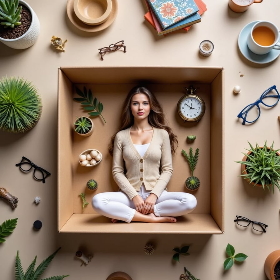 Woman sitting cross-legged in the box, cozy cardigan, surrounded by plants, books, glasses, tea mug