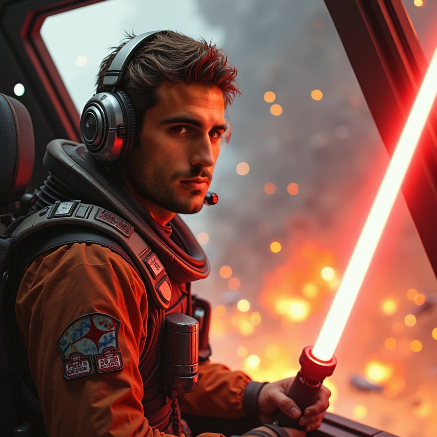 A male X-Wing pilot faces the camera from inside his cockpit, his helmet and flight suit showing battle wear. He has a determined look as explosions and blaster fire light up the scene, capturing the intensity of a high-stakes space battle.