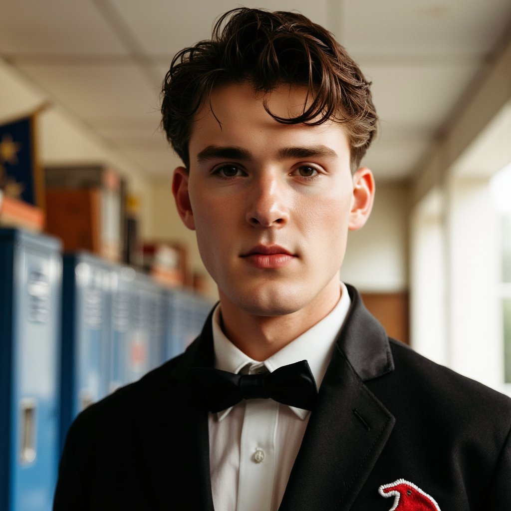 Extremely realistic 1960s male yearbook portrait in studio, shot at medium-close range (shoulders and face) with a shallow depth of field. Subject wears a classic black tuxedo with satin peak lapels and a hand-tied bow tie, crisp white dress shirt with a subtle vertical stripe pattern visible in high resolution. The tuxedo fabric reveals a matte wool finish with faint microfibers visible around the collar. His short, side-parted hair is combed back with a modest pomade shine, individual hair strands distinct near the forehead. Skin shows light peach fuzz and natural skin texture with visible pores on the nose and a slight crease beside the smile lines. Expression is soft, lips gently closed, gaze slightly off-camera with a calm intensity. Lighting is studio-based 3-point, with a key light casting smooth gradient shadows beneath the jawline and collar, and a rim light separating him from the muted blue muslin backdrop. Background is softly mottled and fades gently toward the edges for a vintage effect.