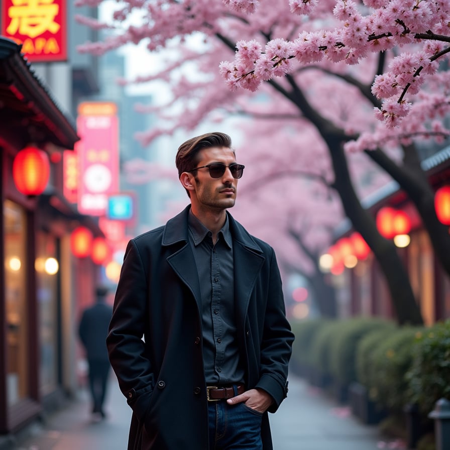 A stylish man in a black trench coat and sunglasses walks through a bustling city street lined with sakura trees. Neon signs reflect off the falling petals, creating a cyberpunk aesthetic with a mix of nature and technology.