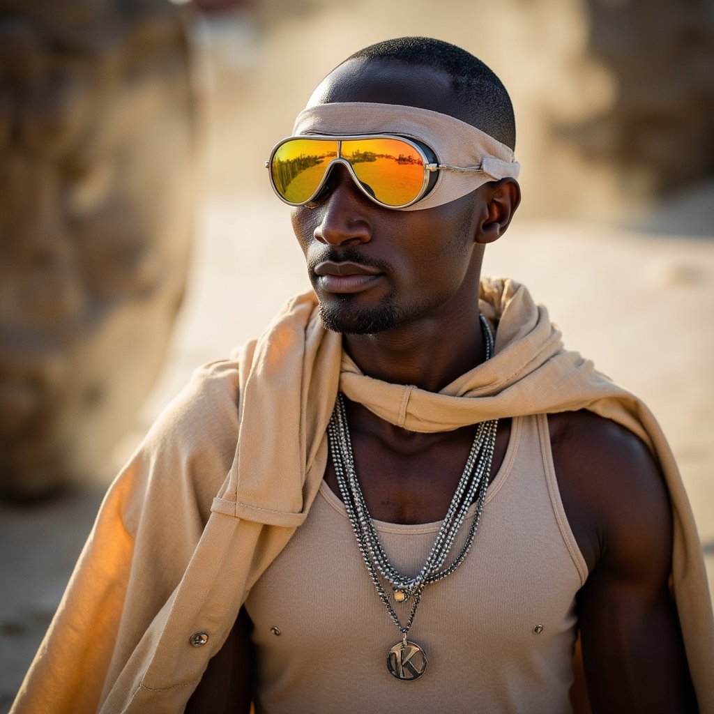 Artistic portrait of a Burning Man attendee wearing mirrored face gear and flowing desert cape, soft focus, surreal desert lighting