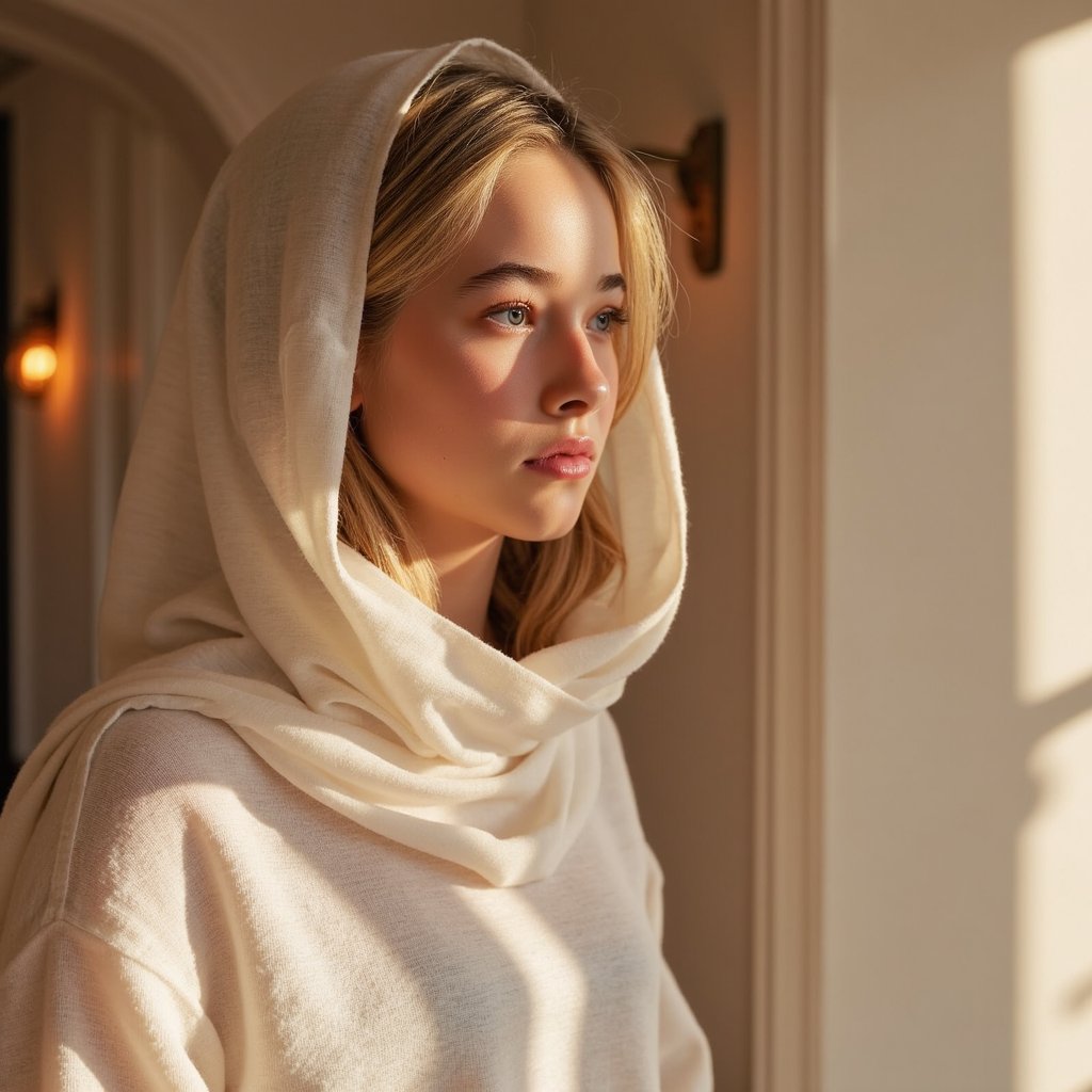 woman in a modest, graceful look, with her hair respectfully covered in a soft draped fabric. She is photographed in a warm, serene setting with soft lighting and gentle shadows that enhance her peaceful expression. The background features minimal Islamic design accents, softly blurred. Her appearance radiates quiet reverence and dignity. Hyper-detailed, soft tones, respectful styling, spiritual calm.
