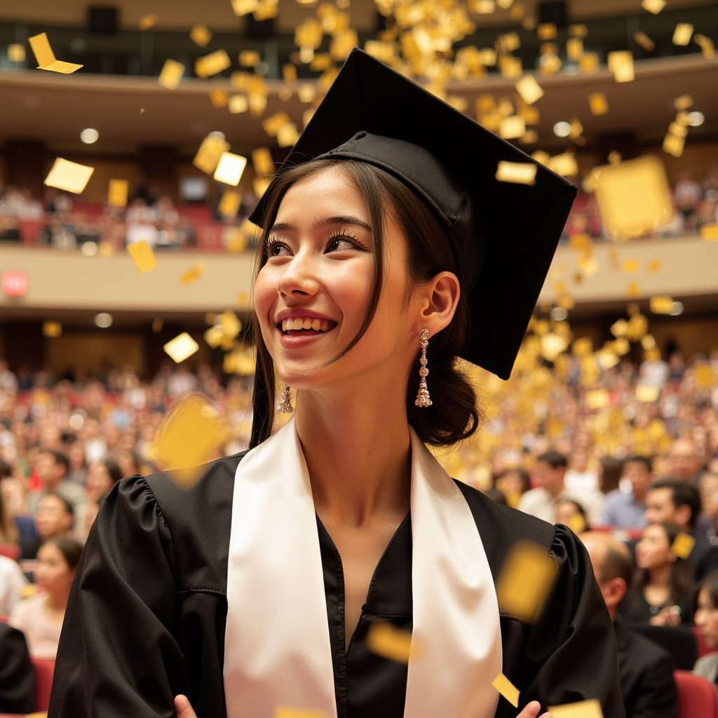 Tight headshot of a woman graduate looking slightly up toward drifting gold confetti, expression joyful but poised (no movement captured mid-gesture); wearing a matte black gown, white satin stole, mortarboard flat; hair in a polished low twist, smooth edges; camera at eye level, 135 mm lens, f/2.2; lighting: large diffused key light from front-left with a faint hair rim light; background: softly blurred warm backdrop with bokeh reflections from scattered confetti lights; every confetti piece slightly defocused except the few near her shoulders; textures crisp on fabric fibers, tassel threads, and skin pores; colors rich yet balanced, highly detailed, highly realistic, HDR.