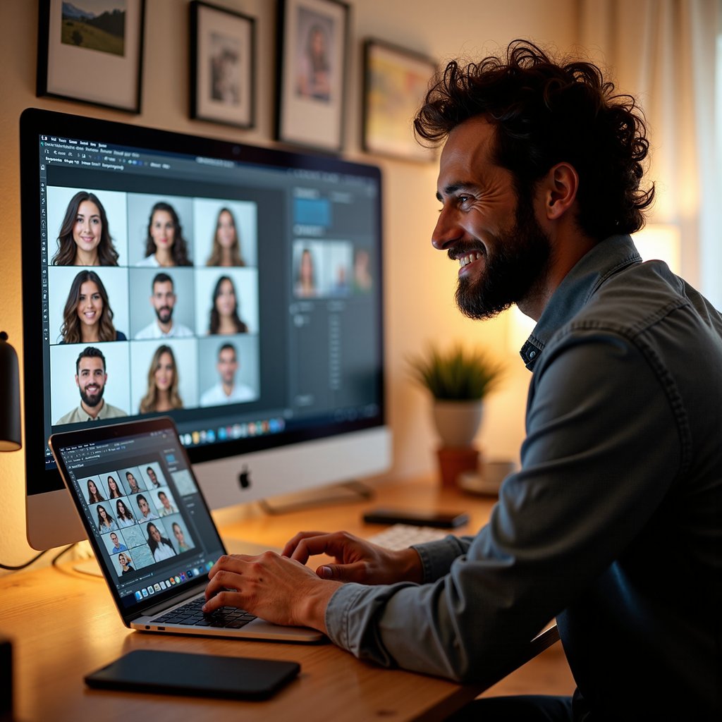 Person sitting at a desk using a laptop, looking at a screen showing a grid of headshots being generated — visible faces in a preview grid, warm lighting, modern home workspace background, natural expression of curiosity or satisfaction
