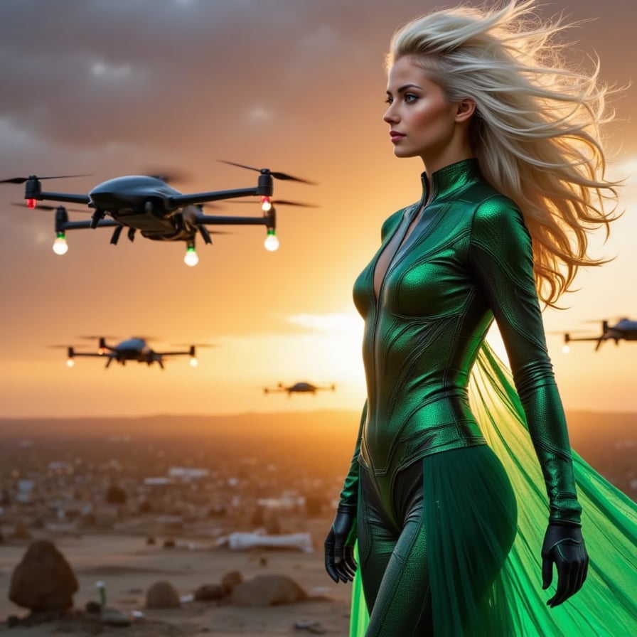 Elegant but deadly female Avenger in dark emerald armor with levitating drones, magnetic field effects circling her, deserted war zone below, sunrise over destruction, epic fantasy-sci-fi fusion