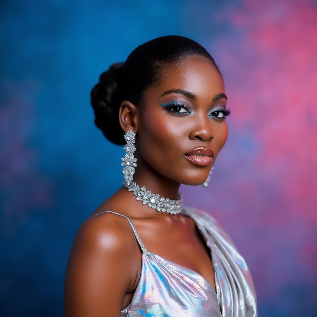 woman wearing a stunning couture gown that shimmers with an iridescent play of pearl and silver, featuring an asymmetrical neckline and a floor-sweeping train with subtle pleating. She is adorned with delicate yet striking statement jewelry, including an intricate silver choker with crystal accents and matching cascading earrings that brush her shoulders. The scene is set against a solid, high-contrast studio backdrop of a deep ultramarine blue, making the subject stand out dramatically. Her hair is styled in a sophisticated chignon with a few elegant wisps framing her face. Her dramatic, shimmering azure eyeliner is meticulously blended over her eyelids, complementing a perfectly sculpted matte foundation. Her full lips are adorned with a luminous coral-tinted gloss, reflecting subtle light. Her gaze is intense and direct, conveying a serene yet profound demeanor. The austere, vivid fuchsia backdrop is illuminated by diffused, softbox lighting that casts delicate, precise shadows, highlighting the impeccable artistry of her makeup and the fine texture of her meticulously groomed brows.