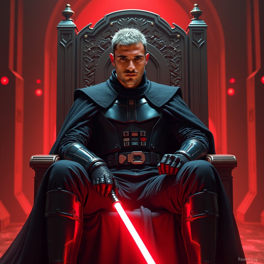 A male Sith Lord sits on a throne, facing the camera with an intense, fierce expression. Dressed in dark armor, he holds a red lightsaber across his lap, with shadows surrounding him. The red glow of lights in the chamber adds an ominous atmosphere.