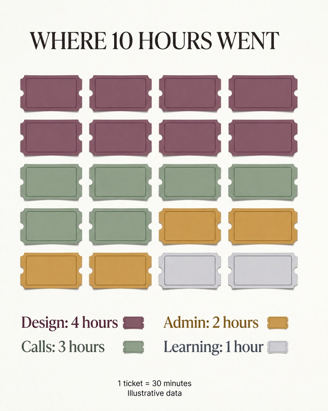 The WHERE 10 HOURS WENT infographic with twenty coloured paper tickets in a four-by-five grid
and labels
below