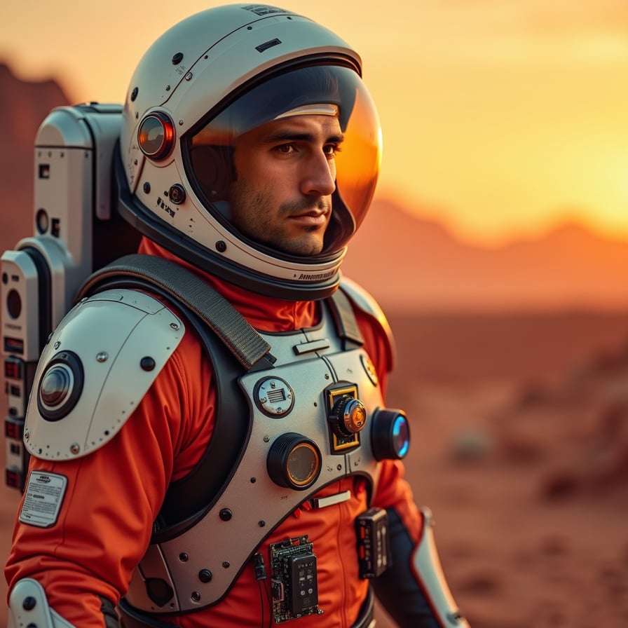 man in futuristic astronaut suit, surrounded by Martian landscape, constructing a futuristic habitat module, under the harsh reddish-orange glow of the Martian sky, with a barren, rocky terrain stretching out to the horizon.