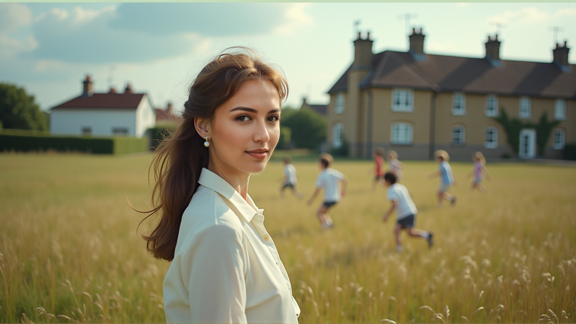 girl looking far into the fields, positioned on the right side of the frame, british era buildings around, kids playing football in the background