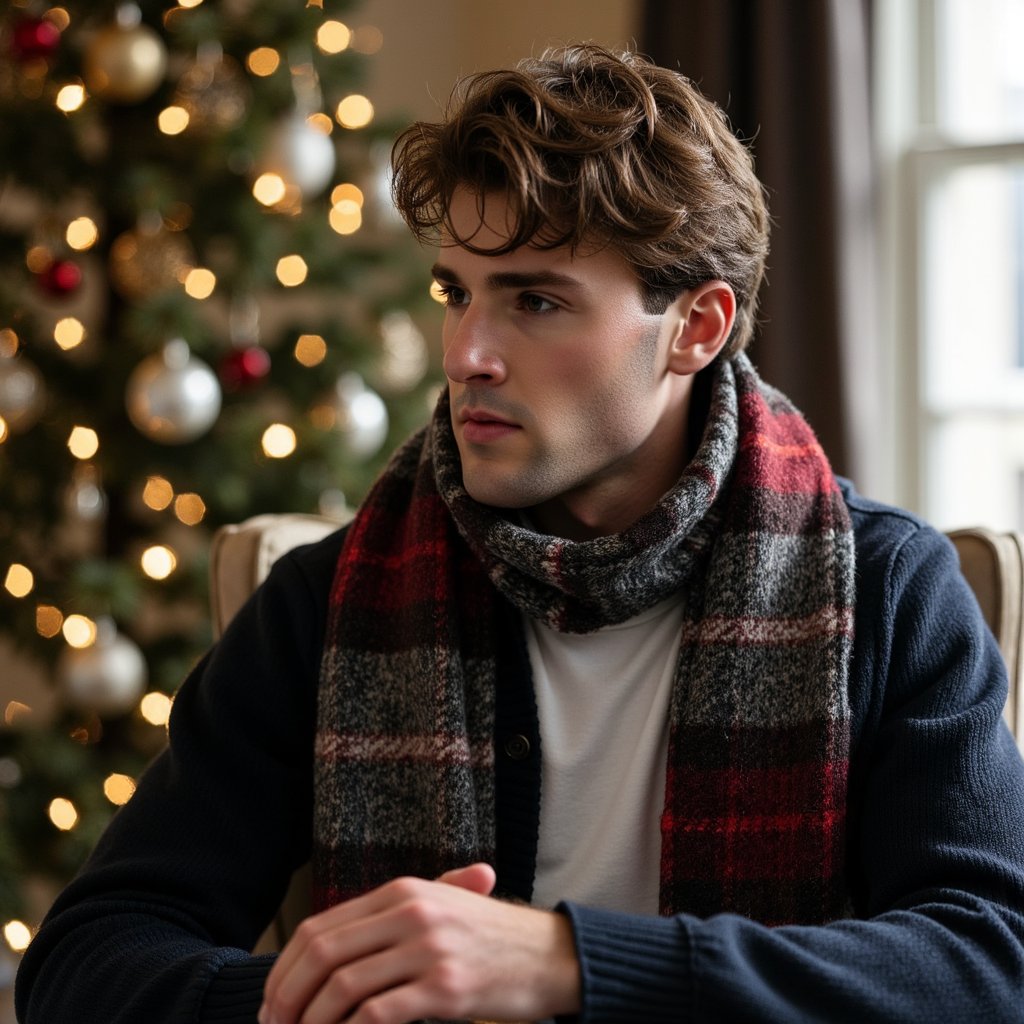Waist-up side-profile portrait of a man seated on an armchair near a tastefully decorated Christmas tree; he looks slightly past camera, posture relaxed, hands resting together. Wardrobe: navy merino cardigan with horn buttons over a white tee; textured tweed scarf draped loosely (visible herringbone). Hair: medium length, brushed back; neatly trimmed beard. Lighting: practical fairy-light key from the tree plus a soft window fill, creating warm highlights and cool shadows; faint kicker on the scarf edge. Background: tree ornaments in buttery bokeh (gold, glass, a few tartan touches), otherwise minimal clutter. Camera: 70–200mm at ~135mm, f/2.5, slightly lower-than-eye-level angle to feel stately; highly realistic, highly detailed, HDR; knit and tweed weave sharply rendered; composed, still mood.