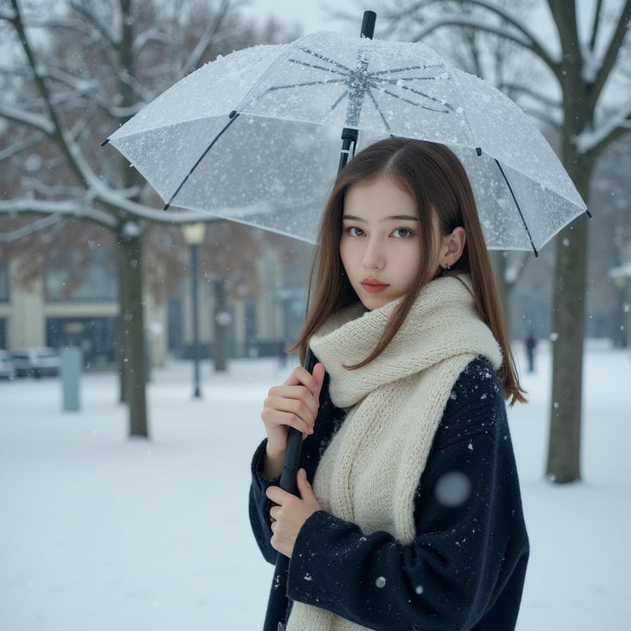 A woman standing outdoors during soft snowfall, captured in a highly detailed, highly realistic HDR headshot, holding a transparent umbrella slightly above her head. Camera angle: eye-level. She has light brown wavy hair tucked into a cream knit scarf, wearing a dark wool winter coat with subtle fabric texture. Her cheeks have a natural winter flush, eyelashes dusted with tiny snowflakes, lips softly pink. Lighting: soft diffused cloudy daylight creating gentle shadows. Background is a cool-toned snowy park, blurred with shallow depth of field, minimal clutter, soft bokeh snowflakes drifting past the lens. Mood: peaceful winter day.