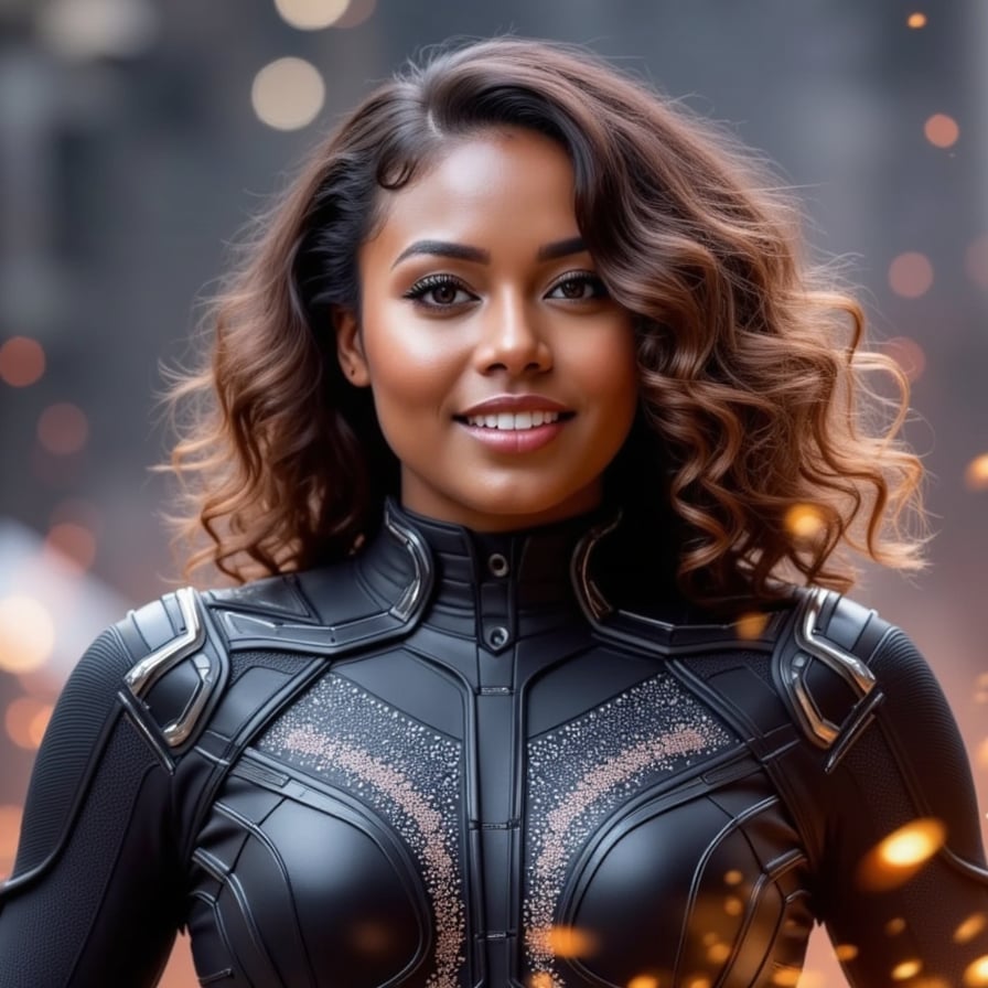 Next-gen Avengers leader, female superhero in obsidian armor with holographic tattoos, forcefield activated, urban warfare backdrop, intense cinematic close-up, embers and ash floating, high contrast lighting
