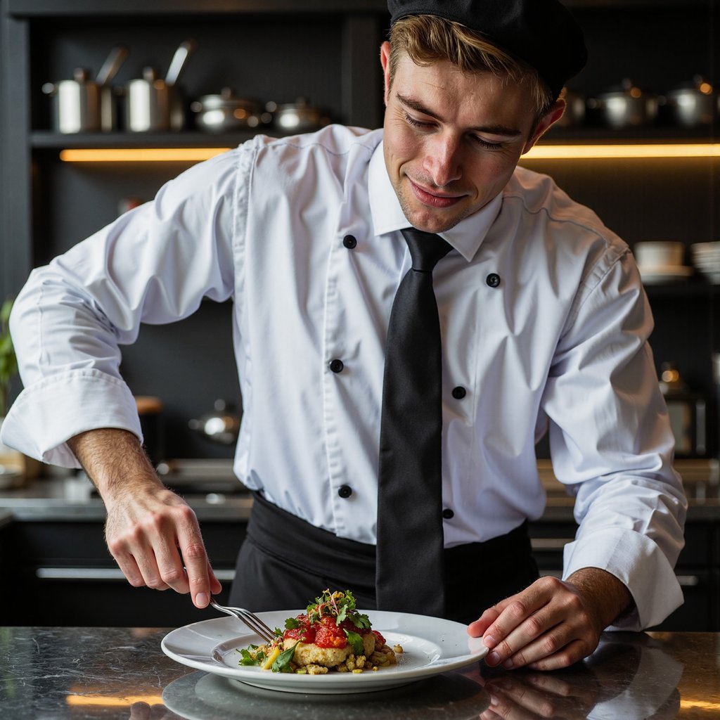 Highly detailed, highly realistic HDR portrait of a man chef in a spotless double-breasted cotton chef jacket with matte black buttons, sleeves neatly rolled; short trimmed beard, hair under black cap. Camera: 50mm lens, f/2.2, ISO 320, shot slightly above eye-level, waist-up angle to emphasize plated dish. Lighting: tungsten kitchen lights with softbox fill from camera left, gentle shadows to right; highlights glint on stainless counter. Pose: leaning slightly forward, right hand placing garnish with tweezers, focused expression. Background: softly blurred pass-through window and shelves of clean pans, minimal clutter.