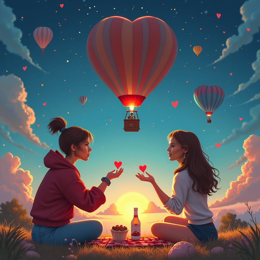 Design an adventurous Valentine's Day itinerary where a couple starts their day with a hot air balloon ride, enjoys a picnic with their favorite treats, and ends with stargazing under a blanket of stars