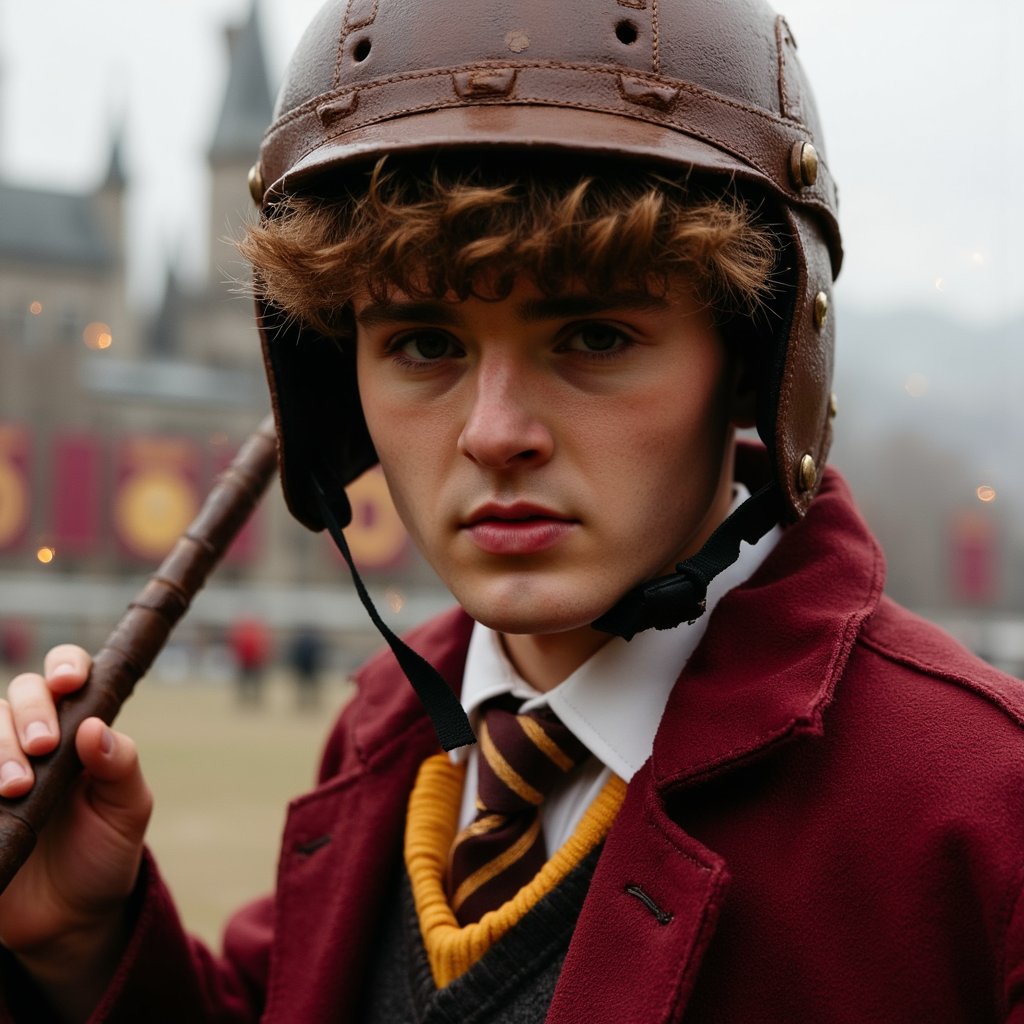 Highly detailed telephoto HDR portrait of a 17-year-old male Quidditch captain with tanned skin and a sweat sheen, strong cheekbones, and determined amber eyes, sandy-brown hair windswept beneath a weathered leather helmet with creases and cracked texture; wearing heavy maroon-and-gold wool Quidditch robes with frayed cuffs and stitched crest, leather gloves gripping a brown Quaffle with deep grain; shot on a Canon 1DX Mark III with a 135mm f/2.8 lens from slightly above eye level for intimate feel, aperture f/2.8 for compressed background; late-afternoon golden sunlight as rim light, diffused front key to preserve skin detail; background of blurred stadium banners in deep maroon and gold.
