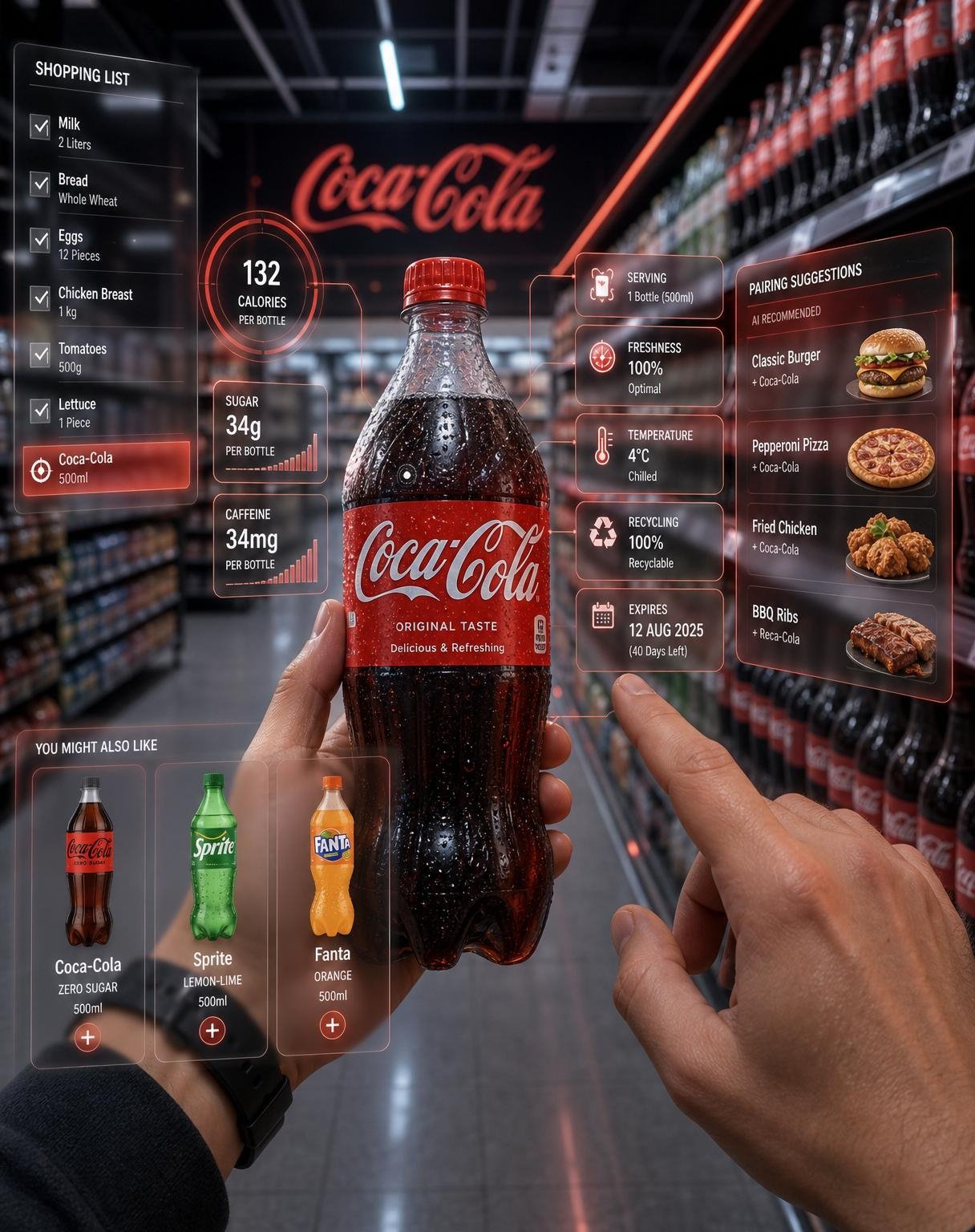 First-person perspective inside a premium supermarket beverage aisle. Realistic human hands hold a chilled Coca-Cola bottle close to the camera. Surrounding the iconic bottle is a futuristic holographic augmented reality interface displaying calories, sugar level, caffeine content, serving recommendations, freshness indicator, bottle temperature, recycling information, expiration date, and AI-generated food pairings including burgers, pizza, fried chicken, and barbecue meals.
The holographic interface reacts dynamically to the user’s gaze, smoothly shifting floating information panels and expanding detailed insights only where attention is focused. Along the left peripheral view, a transparent shopping list displays completed grocery items, with Coca-Cola highlighted as the active selection. Additional floating recommendation windows showcase nearby Coke Zero, Sprite, and Fanta products.
Hyper-realistic mixed reality, premium retail technology, elegant glass holograms, subtle red ambient glow, realistic lighting, cinematic reflections, natural depth of field, immersive first-person interface, ultra-realistic supermarket environment, next-generation AI shopping assistant, photorealistic, 8K.Give Me This In 4:5