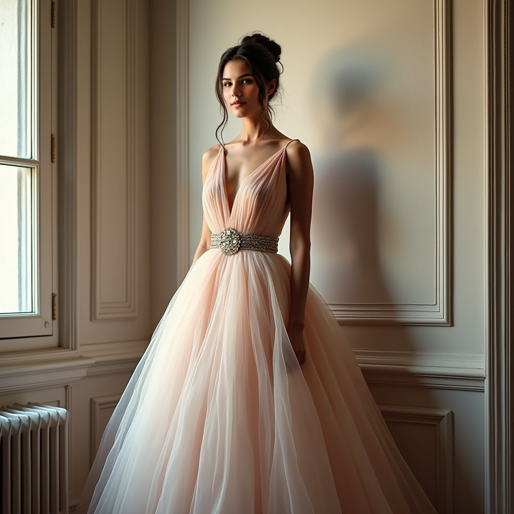Stunning woman, multi-colored gown, plain wall, professional shot.