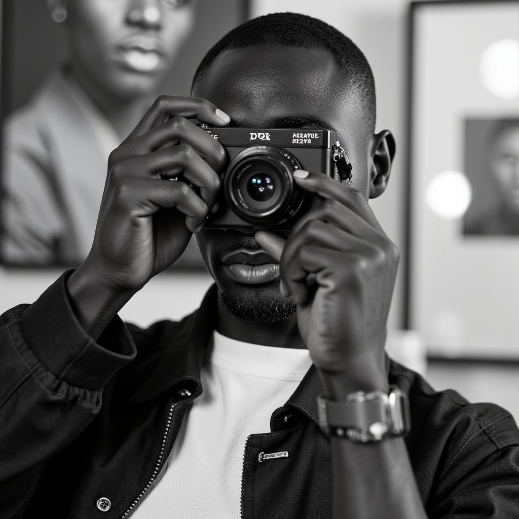 Classic black and white headshot of a focused photographer peering through the viewfinder, timeless expression, elegant lighting, World Photography Day concept