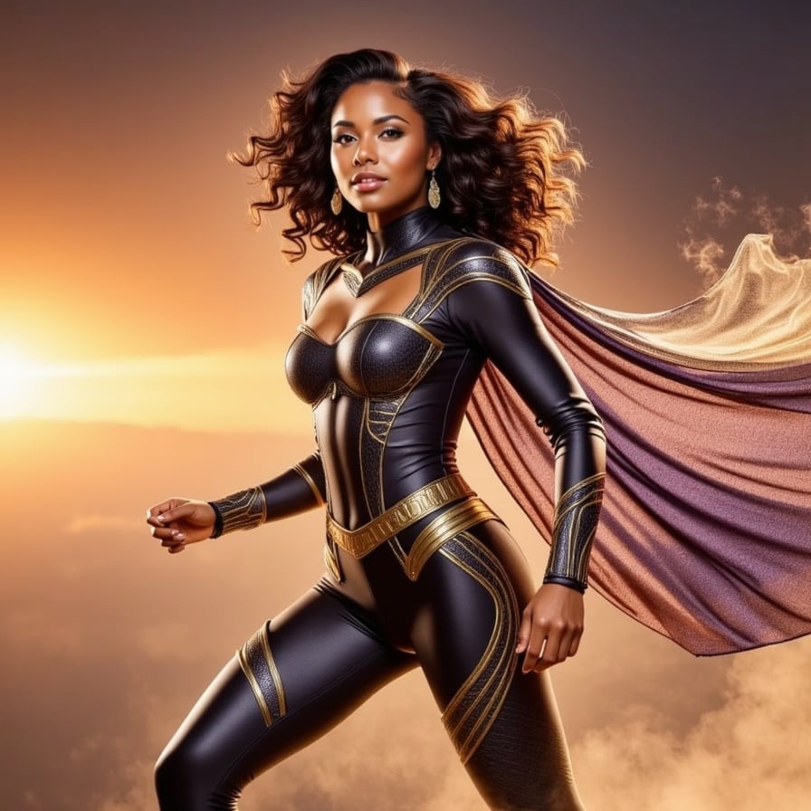 Stylish female hero channeling cosmic power, dynamic pose mid-leap, galaxy swirling in her cape, metallic armor with gold-infused circuitry, blazing horizon, Marvel comic-to-film realism