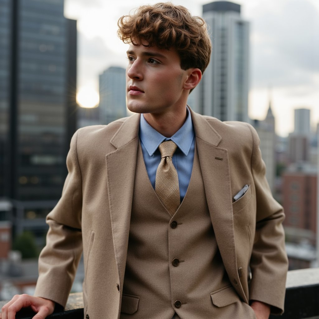 Highly realistic HDR environmental portrait of a man architect on a rooftop terrace; beige linen blazer, light blue shirt open at collar; textured sketchbook tucked under arm. Camera: 35mm lens, f/3.5, ISO 200, waist-up, low upward angle capturing skyline behind. Lighting: golden-hour sunlight from behind creates rim on hair and blazer edges, soft fill reflector from front; long directional shadows. Pose: one hand resting on terrace railing, gaze slightly off-camera, contemplative. Background: blurred glass towers and soft clouds, minimal clutter