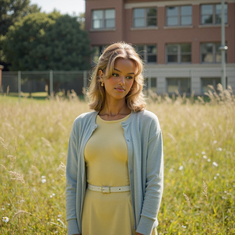 Ultra-realistic 1960s senior girl portrait taken outdoors in a meadow near the s