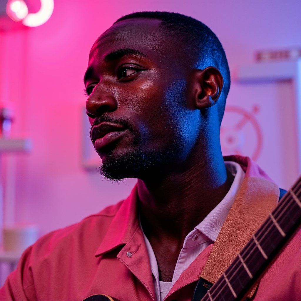 Side-profile headshot of a thoughtful musician with a guitar resting on shoulder, soft overhead spotlight, introspective vibe like a quiet rehearsal before going on stage