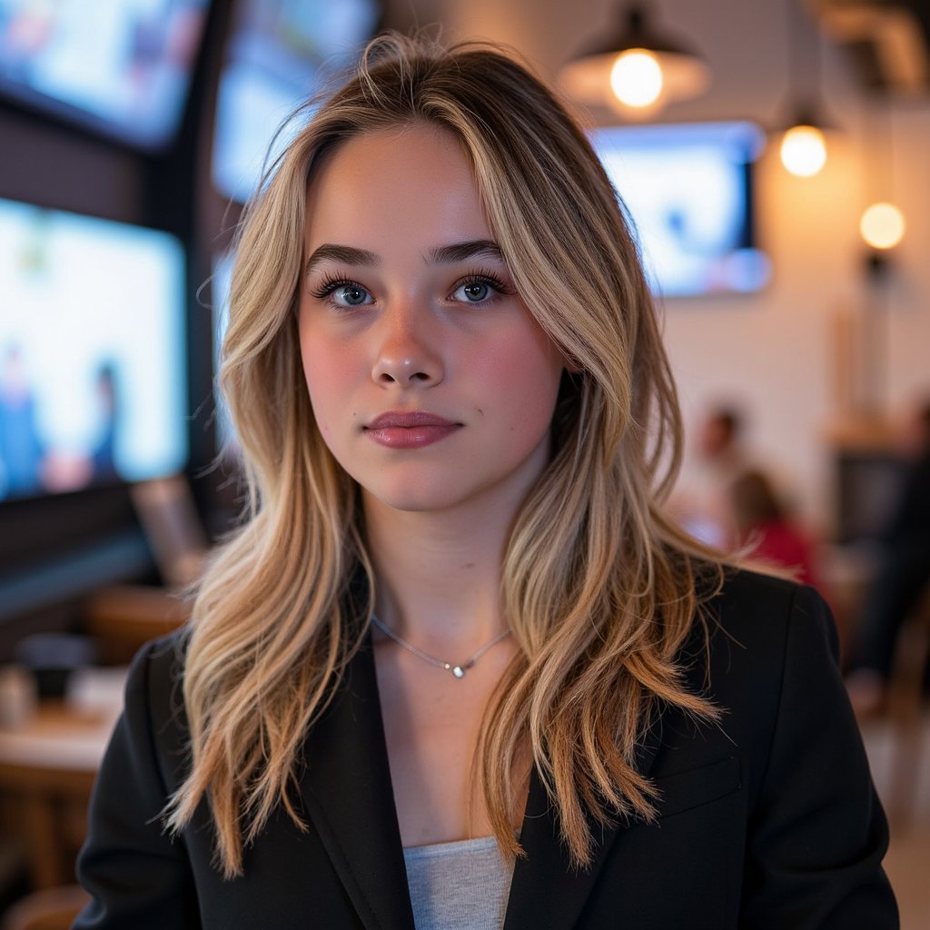 Woman with a confident, stylish presence, reflecting the digital-savvy tone of Cyber Monday. Her look is contemporary and elegant, with subtle lighting inspired by screens and ambient tech visuals. The background features soft blur and digital glow, hinting at a modern e-commerce world. The image is rendered with high clarity and polished realism, capturing calm focus and connected energy.